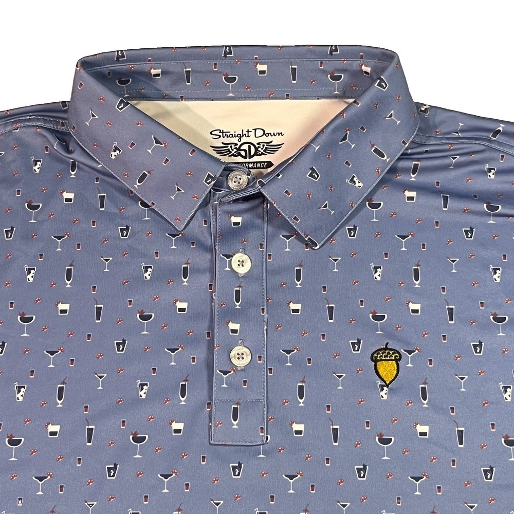 Straight Down Polo Shirt XXL Blue Grey Performance Cocktail Print Spanish Oaks